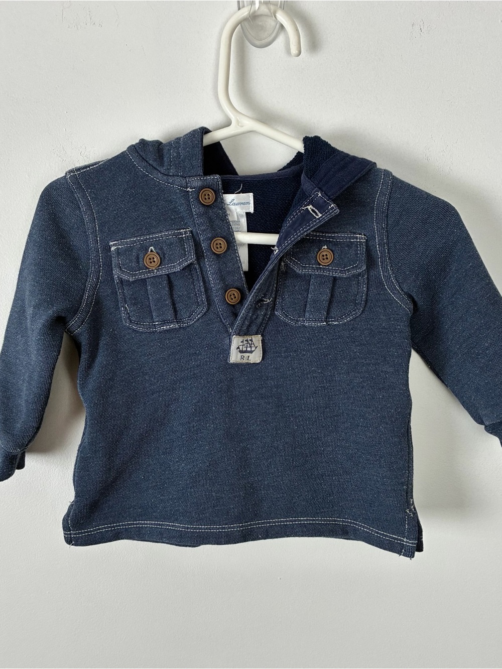 Ralph Lauren Baby Boy's Navy Heather Blue Hooded Pullover Sweatshirt Nautical 6M